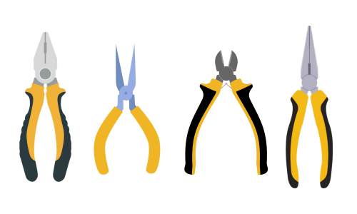 Foundational set of pliers, including standard, needle-nose, cutting, and long-nose pliers