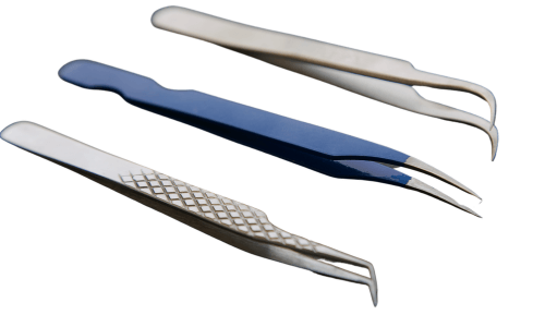 Various types of tweezers, including pointed, angled, and textured models