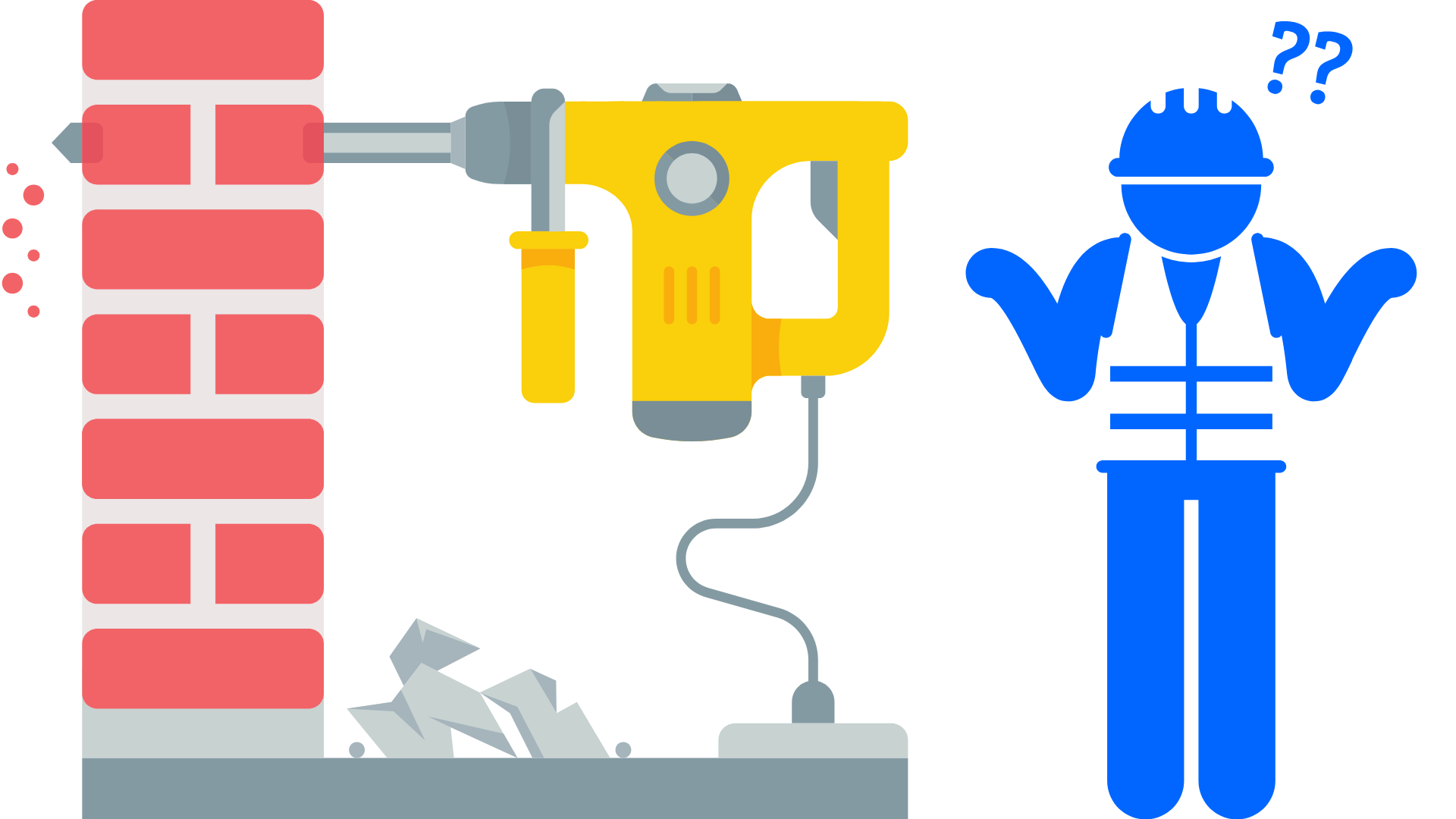 Illustration of a hammer drill in action on a brick wall, with debris falling, and a construction worker icon shrugging with question marks above their head, symbolizing uncertainty in choosing a hammer drill.