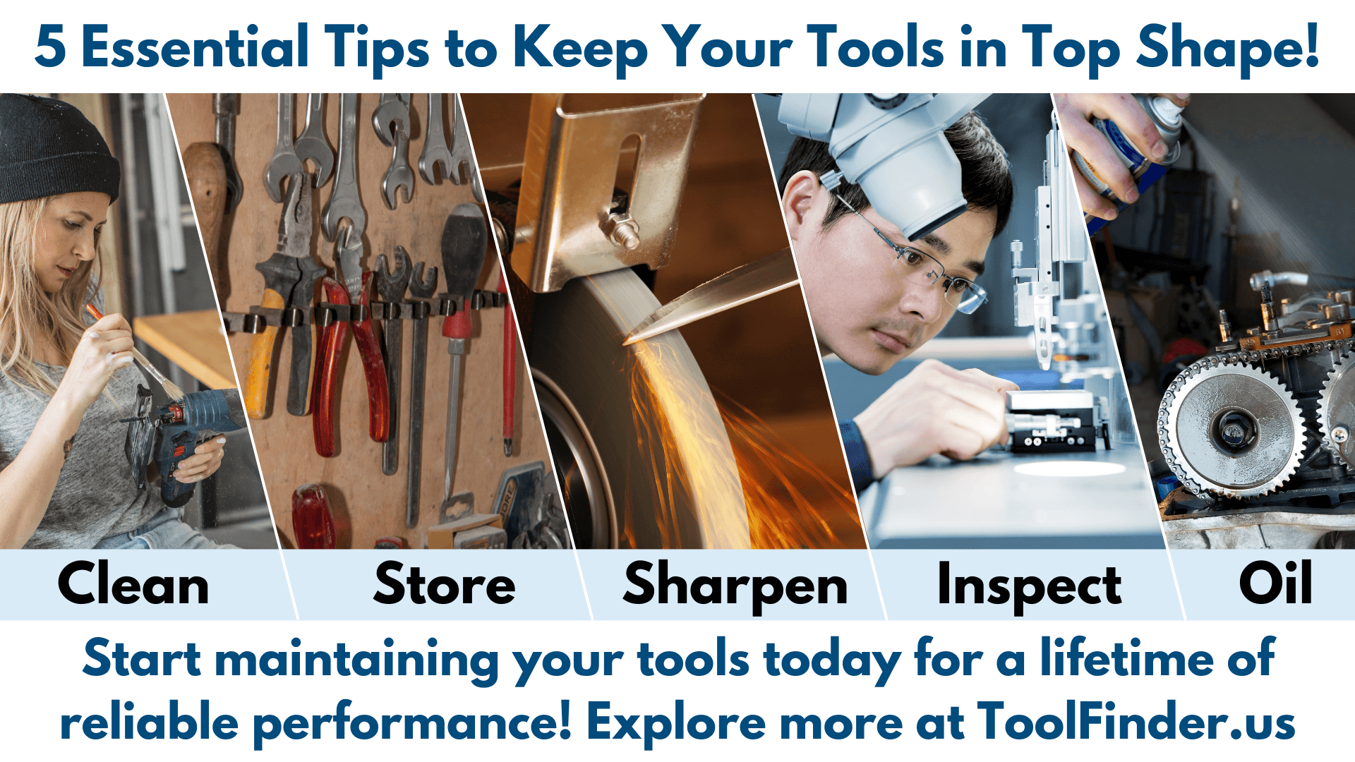 Collage highlighting five essential tips for tool maintenance: Clean, Store, Sharpen, Inspect, and Oil. Features images of a person cleaning a power drill, a well-organized tool rack, sharpening tools with a grinder, inspecting equipment under a microscope, and applying oil to machinery.